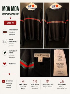 Moa Moa Black Crewneck Sweatshirt with Green and Red Stripe Detail